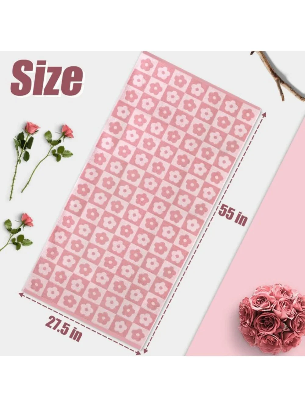 Luxury Pink Checkered Floral Bath Towels Set - Soft, Absorbent, Stylish for